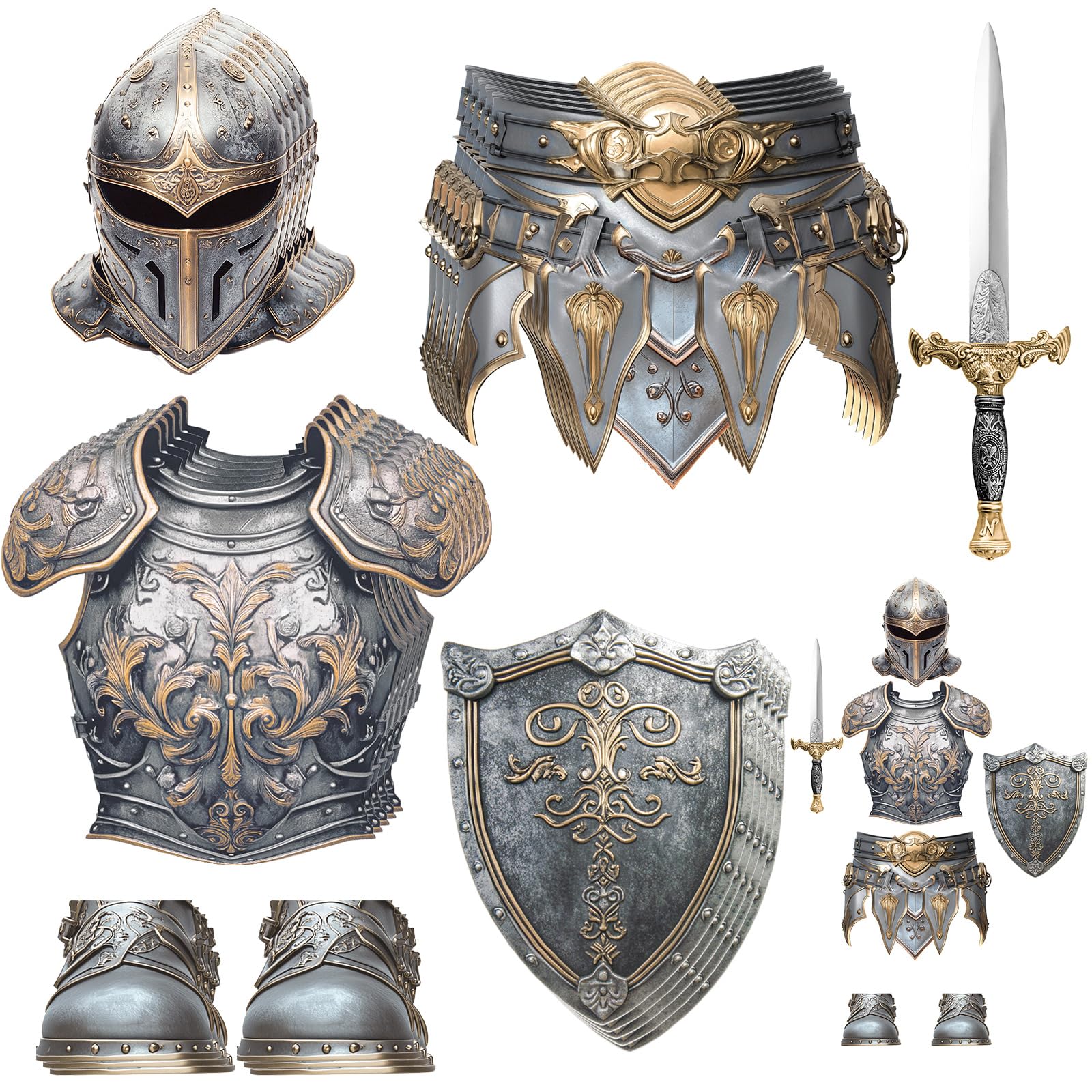 Photo 1 of 12 Sets Medieval Knight Armor Costume Craft Kit Knight Party Decorations Paper Helmets Armor Toy Swords Shield Costume Favor Gift for Halloween Medieval Dress up Activity Party Favor Decoration