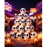 Day of the Dead Sugar Skull Mini Figures Altar Ofrenda Decorations 12pcs | Resin Calaveras Dia De Los Muertos, Hand Painted Ofrenda Decor for Mexican Fiesta
