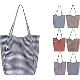 CHUNFO Vintage Gingham Check Tote Bag, Nylon Cotton Blend,Light Stylish Everyday School Travel Work