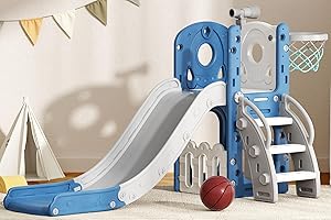 Glaf Toddler Slide 6 in 1 Outdoor Playset Indoor Playground for Kids Toddlers Age 1-3 Baby Slide with Basketball Hoop and Ball Storage Space and Telescope Freestanding Climber Slides Toys (Blue)