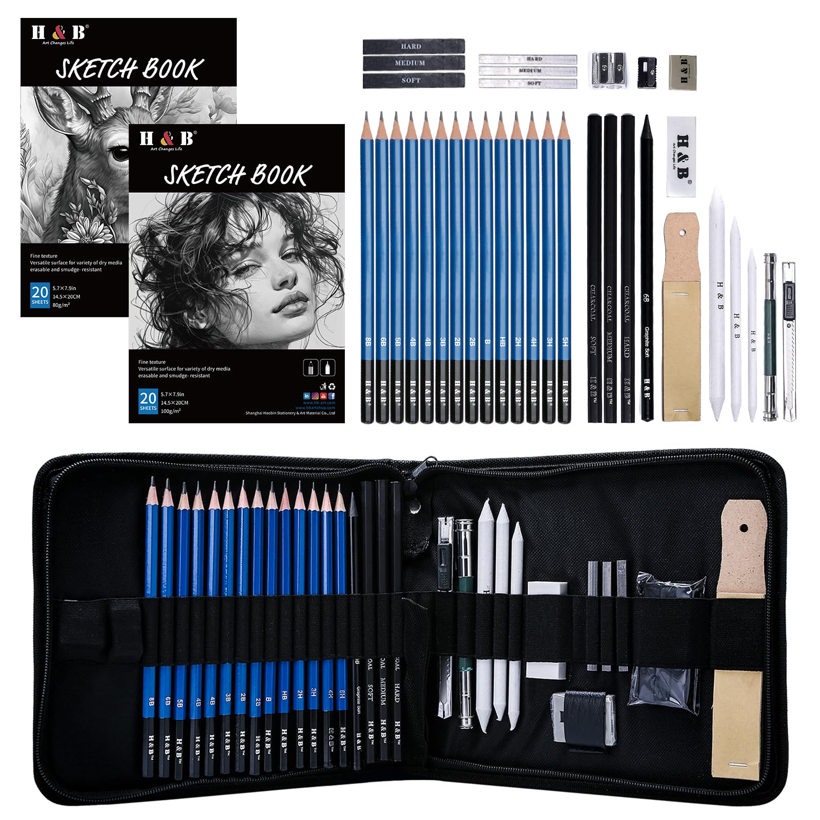 H & B Art Kit with Sketch Books, Drawing & Charcoal Pencils, Eraser, Sharpener, Extender & Canvas Case for Artists & Beginners