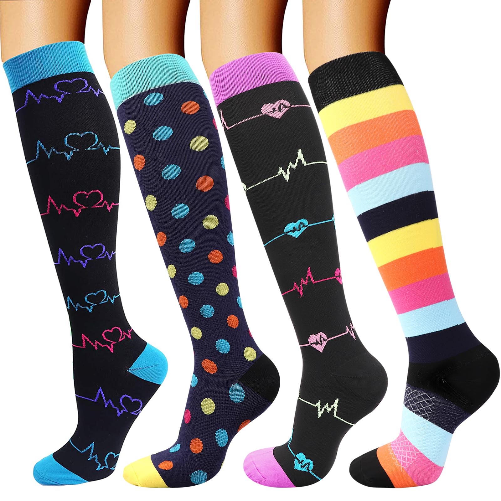 DRESHOW 4 Pairs Compression Socks For Women&Men Circulation Best Support for Athletic Running Cycling Travel