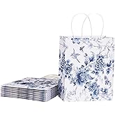 Loveinside Blue and White Flower Paper Gift Bag, Vintage Floral Deisgn with Handles Grocery Shopping Bags Candy Goodie Bags for Birthday, Wedding, Spring, Mother's Day, 8" x 4" x 10", 12 Pcs