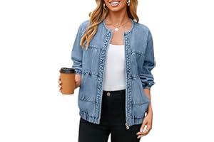 Glamaker Womens Denim Bomber Jacket Trendy Casual Zip Up Crew Neck Long Sleeve Loose Fit Jean Jacket Fall Outfits