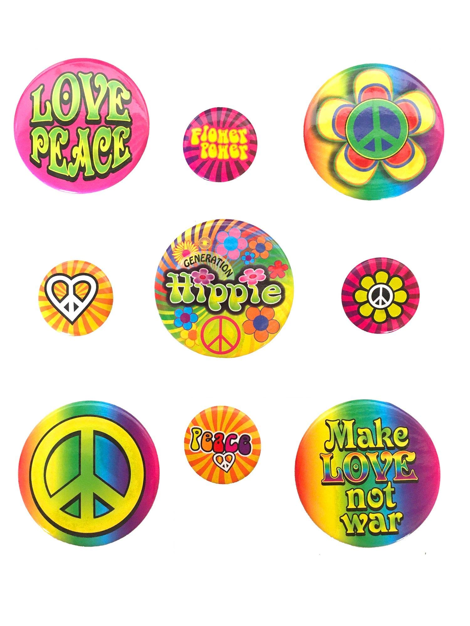 9 Flower Power Hippie Badge Buttons Love Peace Flowers Costume Accessory 60s 70s