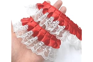 YOOGCORETT 2 Yards Red Lace Pleated Chiffon Lace Trims White Vintage Lace Ribbons for Bridal Wedding Decorations Sewing Supplies DIY Craft Handmade Costume Decoration - 1.8"Inch