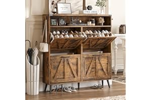 Halitaa Shoe Cabinet with 4 Flip Drawers,Farmhouse Shoe Storage Cabinet for Entryway,Narrow Freestanding Organizer Rack with Open Shelves for Foyer,Hallway,Brown