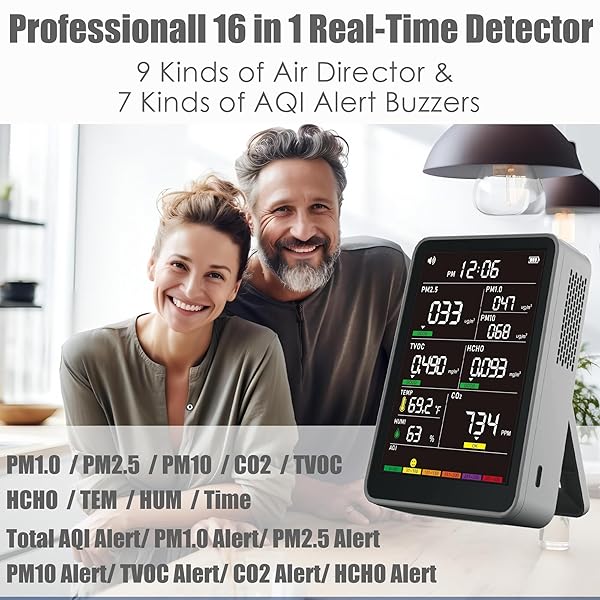 PROFESSIONAL INDOOR AIR QUALITY MONITOR WITH AQI ALARMS, PORTABLE REAL-TIME DETECTOR FOR HOME CARS PLANTS AND PETS