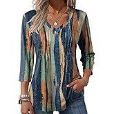 Zeagoo 3/4 Length Sleeve Womens Tops Casual V Neck Pleated Top Boho Floral Blouses Work Shirts