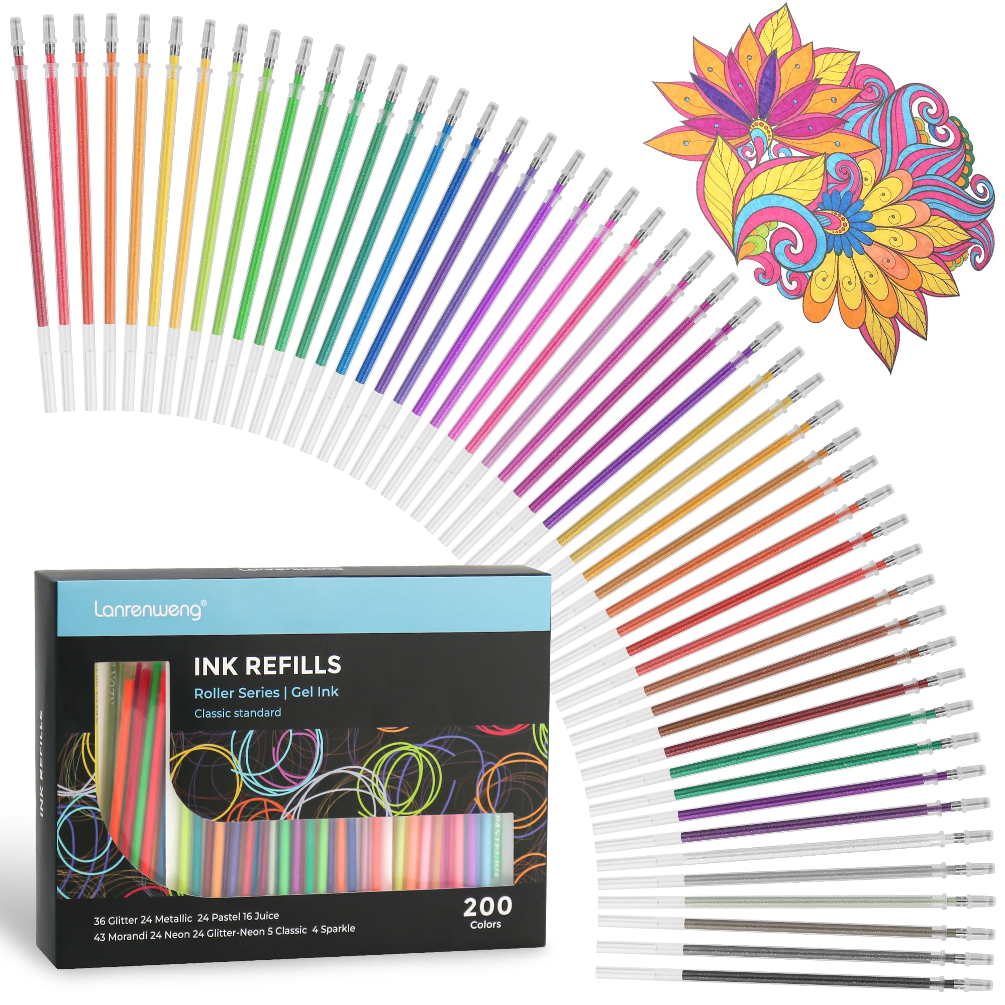 Photo 1 of 200 Colors Gel Pen Refills, Glitter Neon Gel Ink Pens Refills,Replace Cartridges for Gel Pens Set,9 Color Type for Kids Adult Coloring Books Drawing Doodling Crafts Scrapbooking Journaling,No Repeats