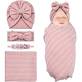Cinaci 4pcs Dusty Pink Soft Nursery Newborn Baby Receiving Swaddle Blanket with Matching Turban Hat Bow Headbands Floral Nylon Headbands for Baby Girls Newborn Infants