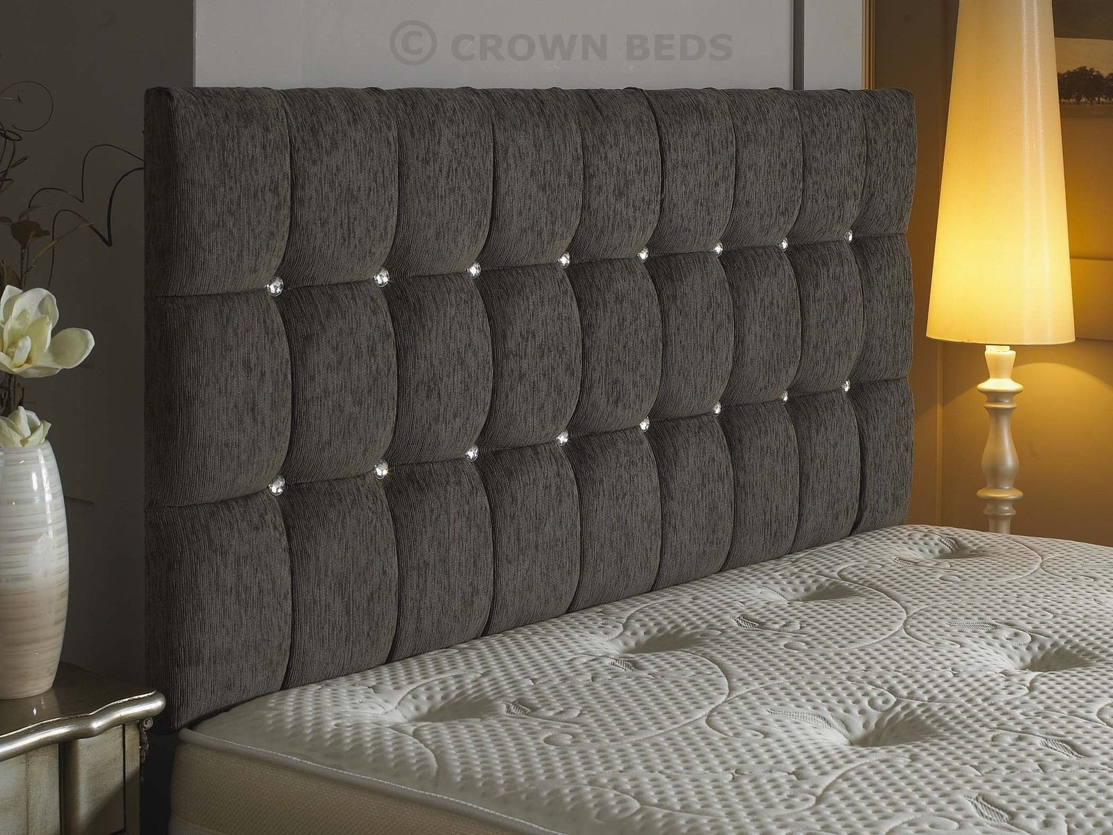 CROWNBEDSUK Omega diamante chenille headboard in 2ft6,3tf,4ft,4ft6,5ft,6ft (4FT SMALL DOUBLE, Grey)