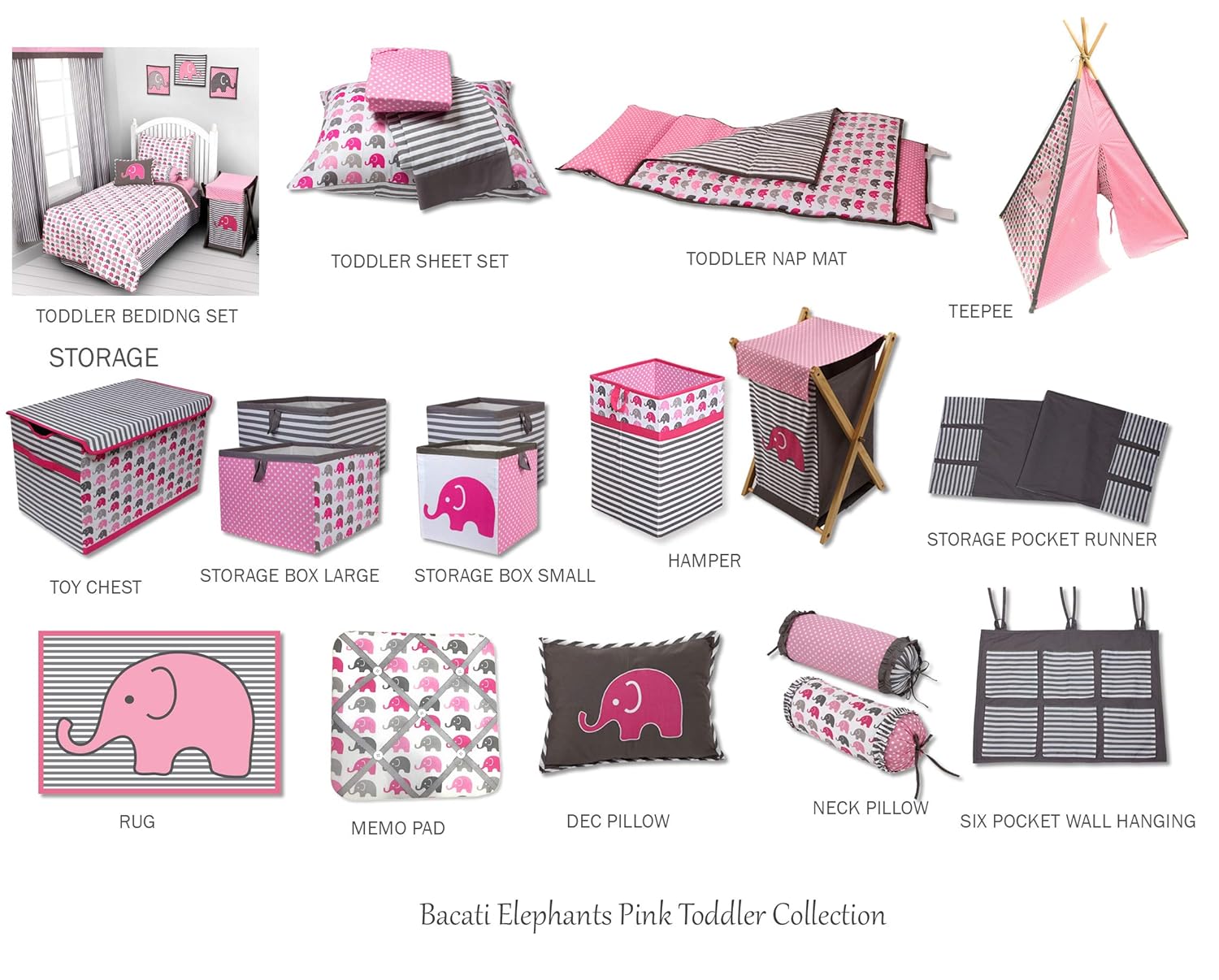 Bacati - Elephants Pink/Grey 10-Piece Nursery in a Bag Girls Baby Nursery Crib Bedding Set with Bumper Pad : Baby
