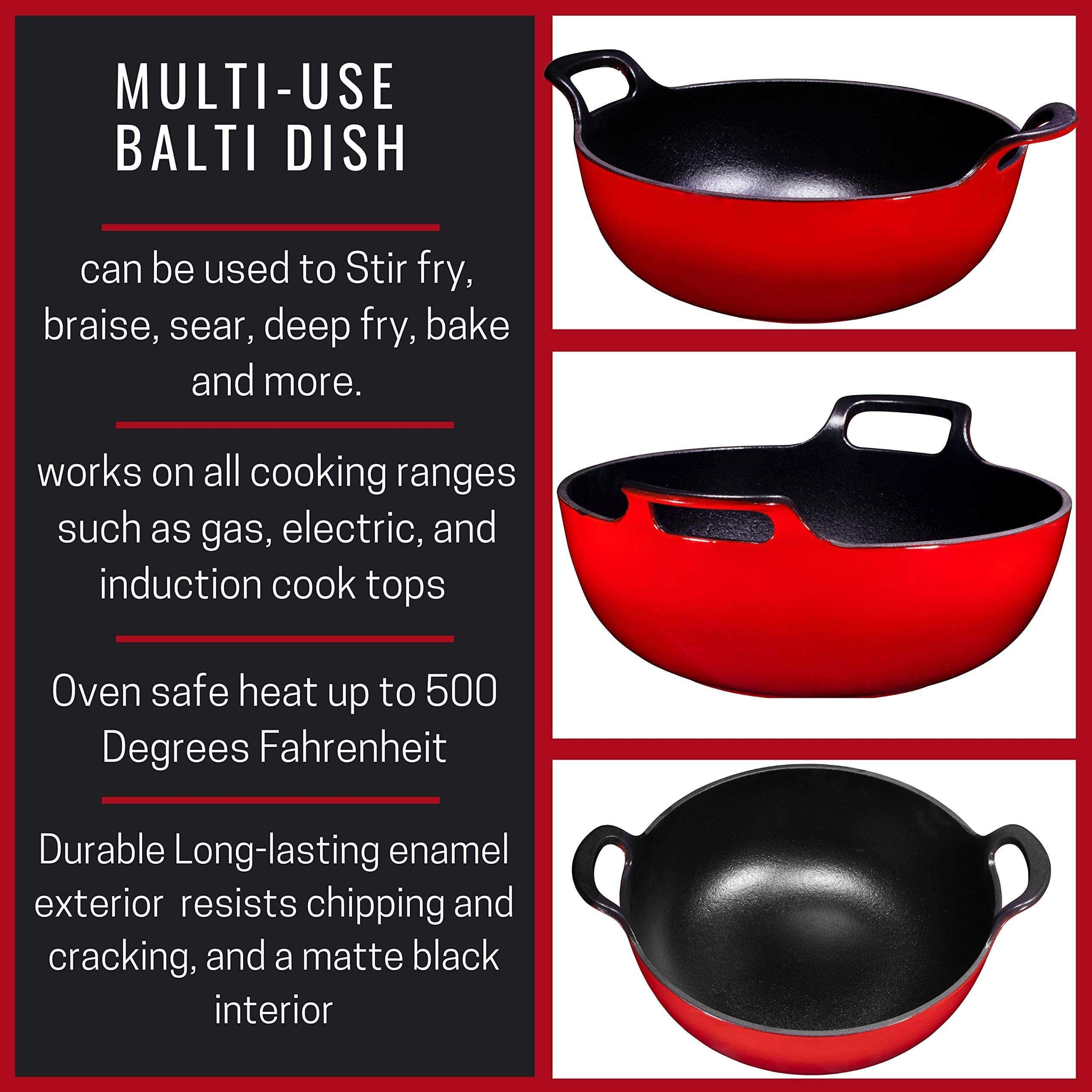 Bruntmor 3 Quart Red Enameled Cast Iron Wok, Cast Iron Wok, Pot Dish, Cast Iron Biryani Pot, 3qt Instant Pot Bakeware Sets, Stove and Oven Safe