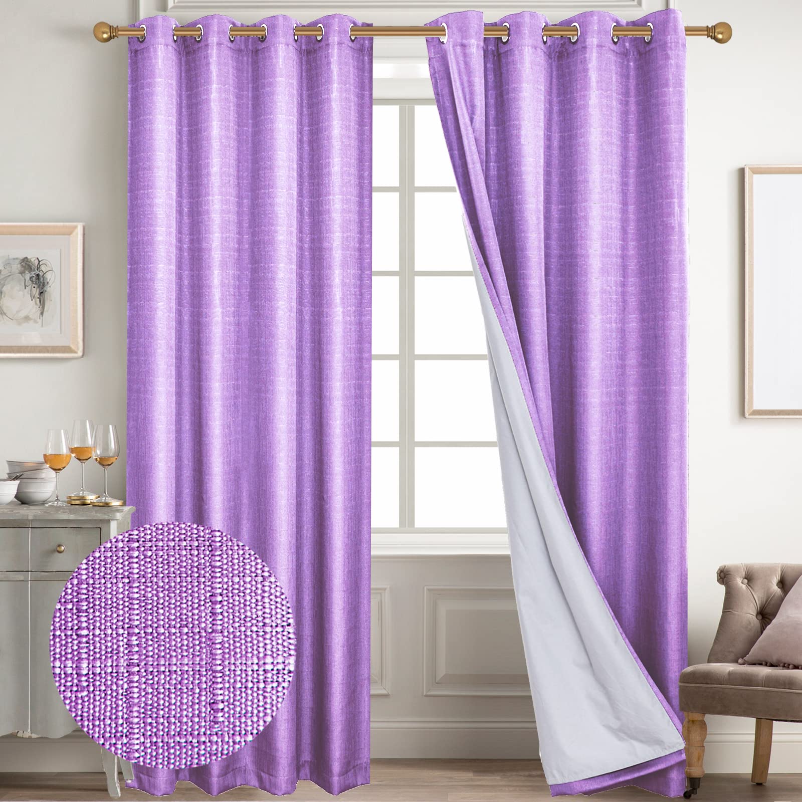 Photo 1 of Diraysid 100% Blackout Curtains Lilac Linen Curtains for Bedroom Grommet Thermal Insulated Room Darkening Drapes (2 Panels, W52 x L84 Inch)