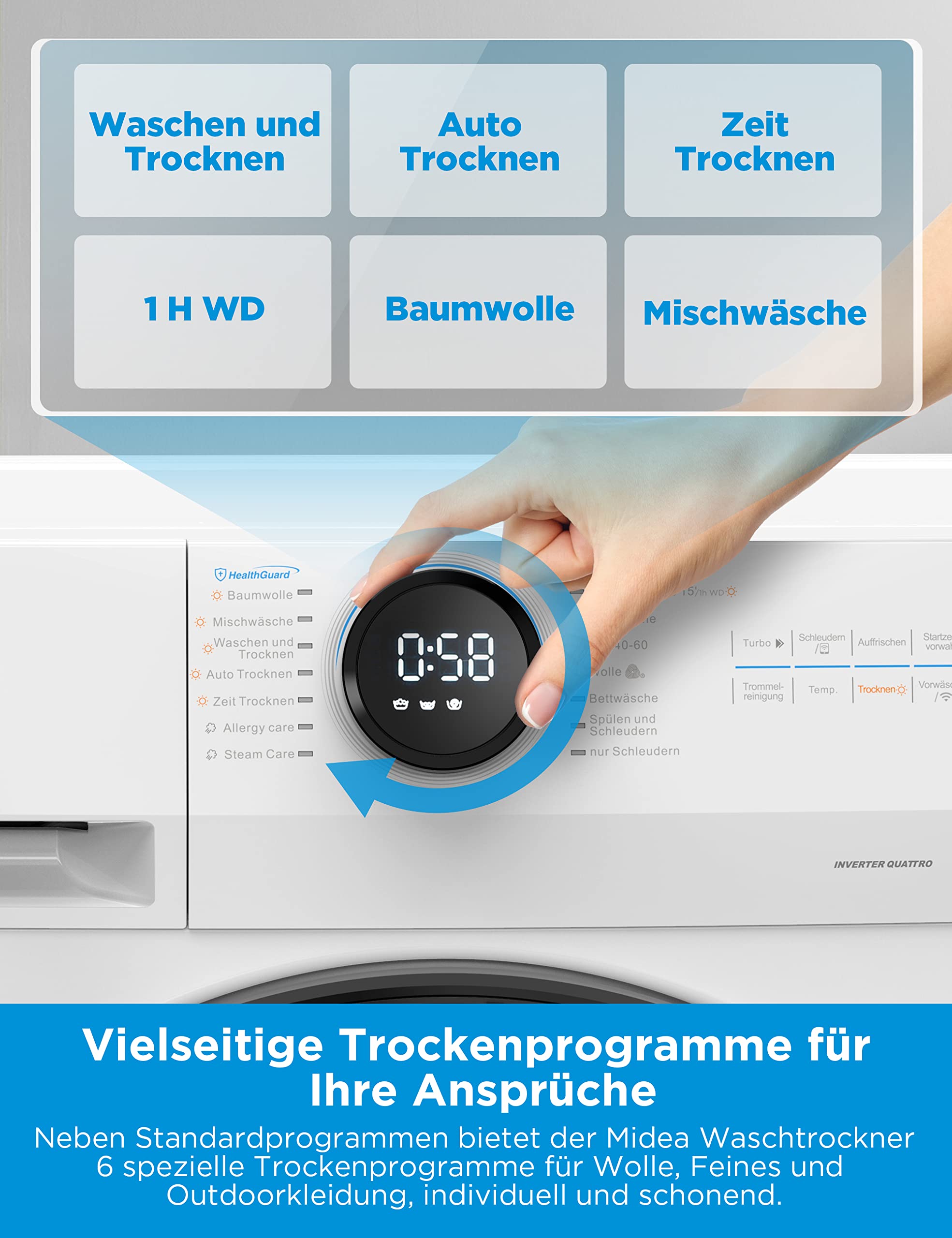 Midea MF200D86WB-14EAS Waschtrokner, 8/6kg Waschen/Trocknen, A, Inverter Mortor, Auffrischen, 60 Min. Waschen & Trocknen, Steam Care, Turbo Wash, 48 cm tief, APP-Steuerung, AquaStop 6