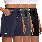 Neer 3 Pack Women's Sweat Shorts, Drawstring Running Short with Pockets, Summer Athletic Casual Walking Gym Lounge Short (Black, Dark Gray, Navy Blue,Large)