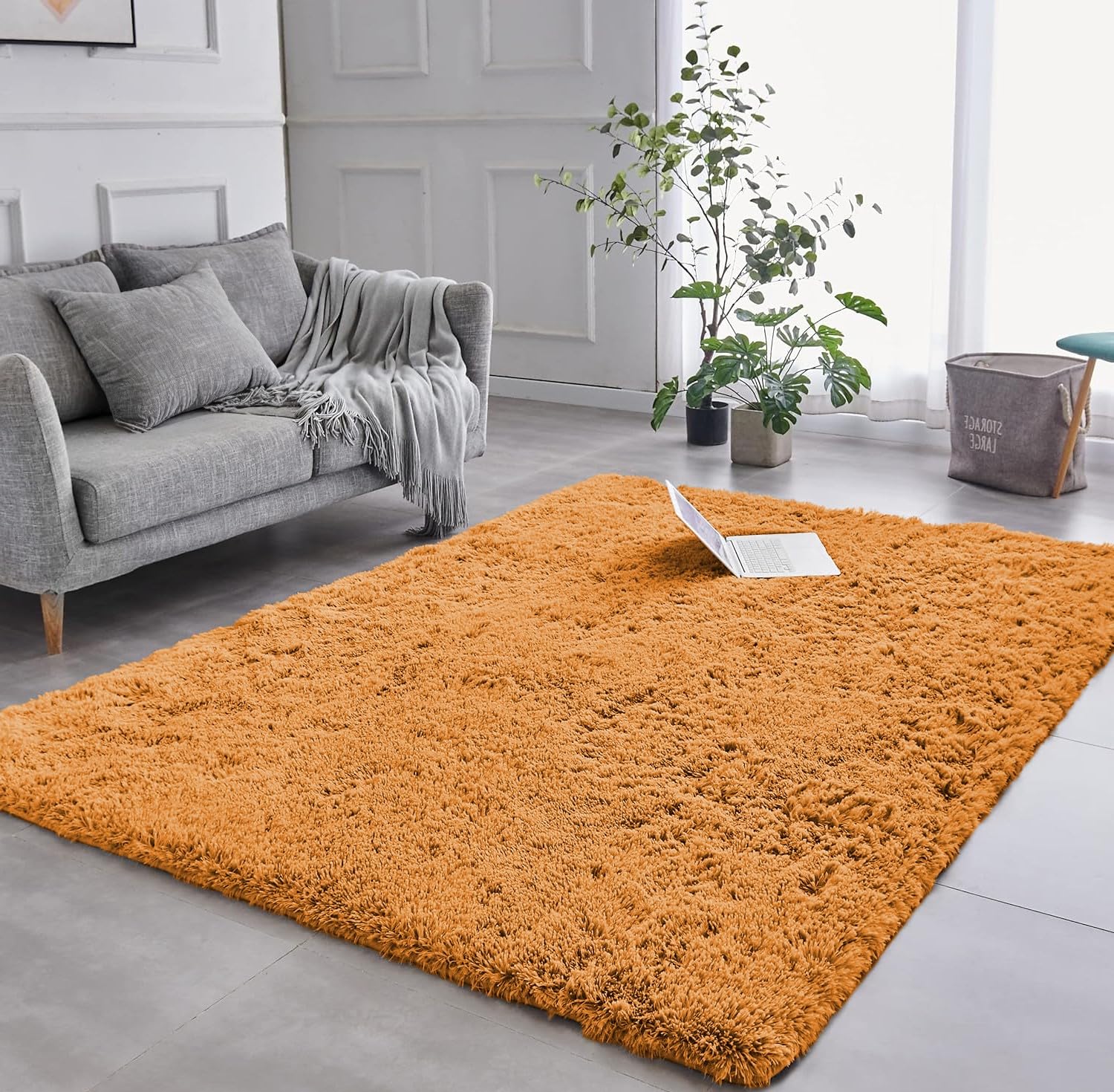 AMEHA Ochre Shaggy Rug 80x150 cm Fluffy Soft Non Slip Living Room Bedroom Yellow Area Carpet Non-Shedding