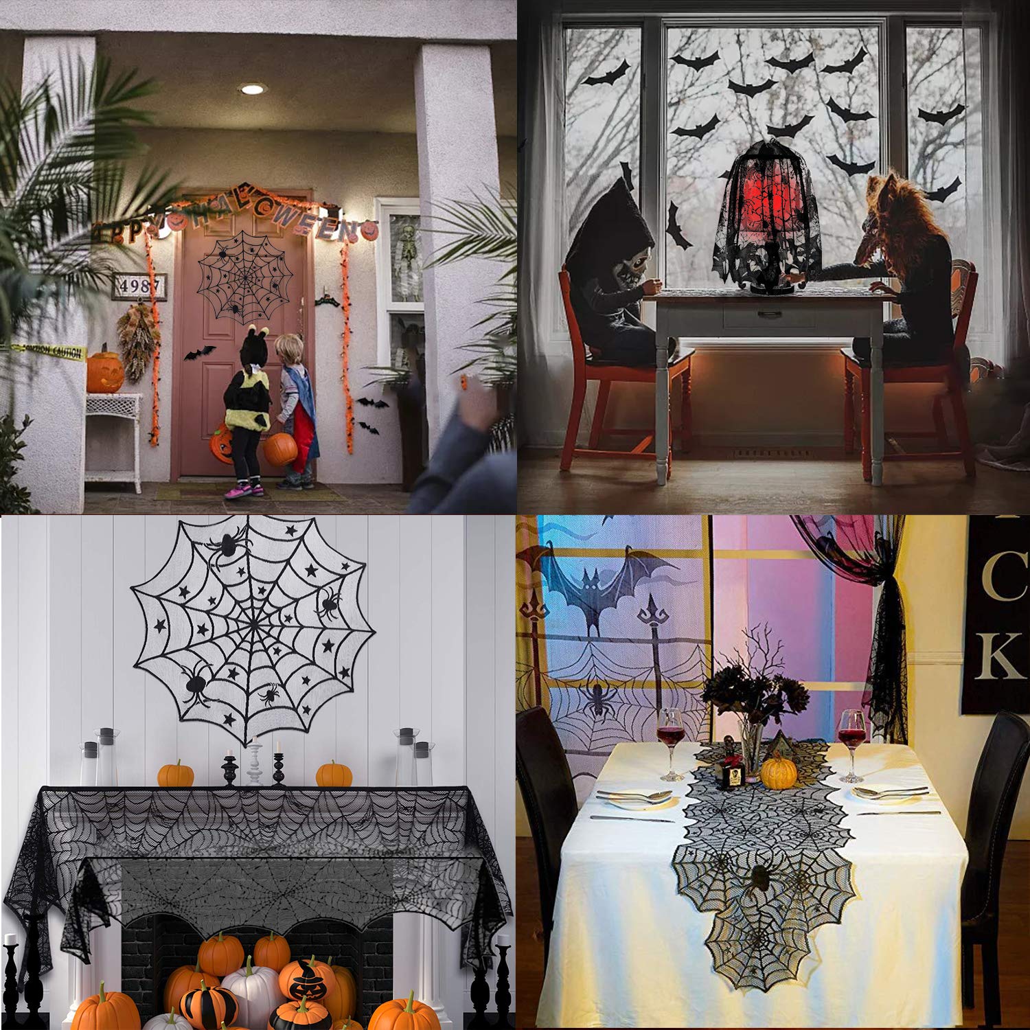 32-Pack Halloween Decorations Sets, Halloween Tablecloth Spooky Bat Spiderweb Lace Tablecloth, Round Lace Table Cover, Halloween Lamp Shades, Fireplace Scarf Cover and Halloween 3D Bats Wall Stickers