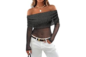 FEMLE Women Sparkly Off The Shoulder Sheer Mesh Tops Glitter See Through Long Sleeve Foldover Top Party Concert Outfits