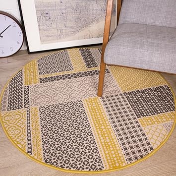 The Rug House Tapis De Salon Circulaire Traditionnel Milan Motif Patchwork Ocre Gris Beige Et Jaune Moutarde 120cm Diamètre