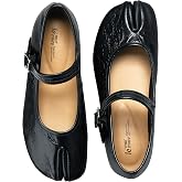 LE MURMURE Tabi Flats Genuine Calfskin Mary Jane | Ballet Flats for Women, Split Toe Shoes, Comfortable&amp;Chic, Strap, Vintage Crackle Cowhide, 0.4-inch EVA Sole, Black