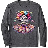 Day The Dead Little Girl Skeleton Dia De Los Muertos Kids Long Sleeve T-Shirt