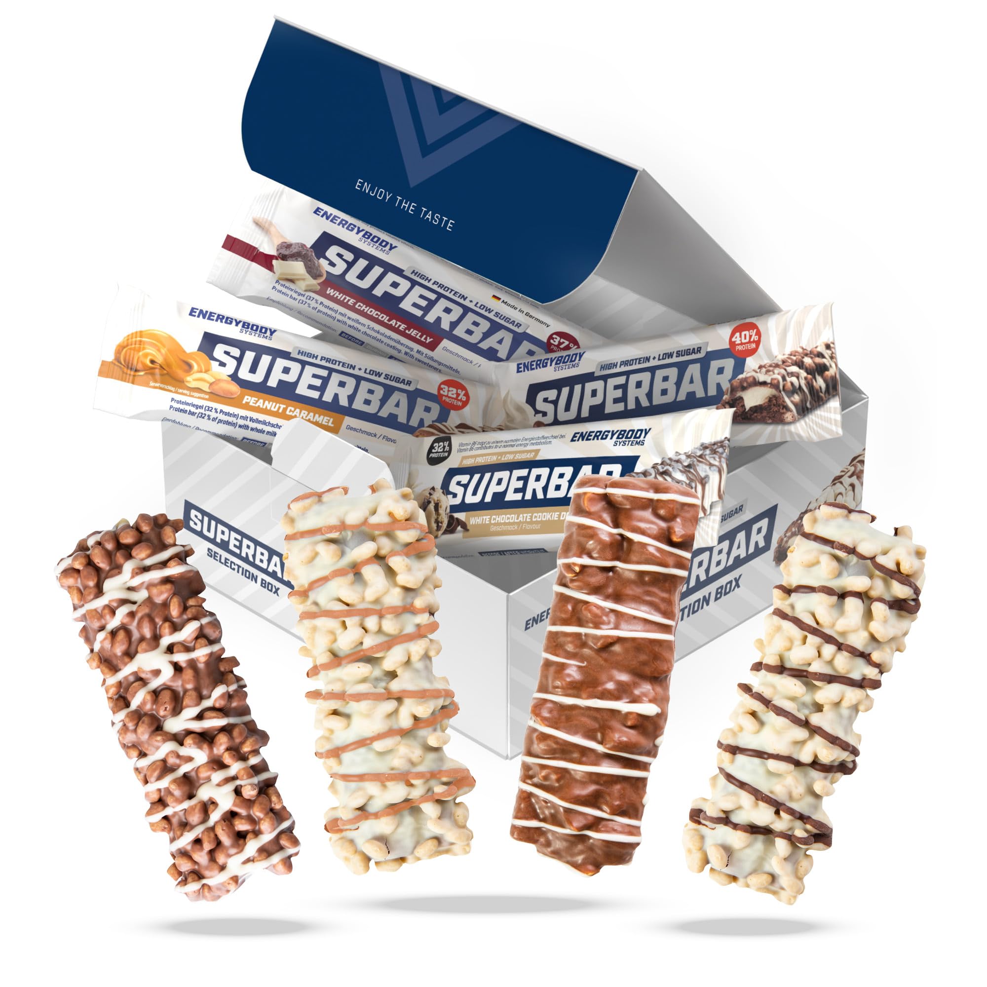 Energybody® Superbar High Protein Riegel Mix Box 12x50g / Eiweißriegel zuckerarm/Protein Bar nur 2g Zucker pro Proteinriegel/Eiweissriegel Low Carb 4 Sorten als High Protein Snacks