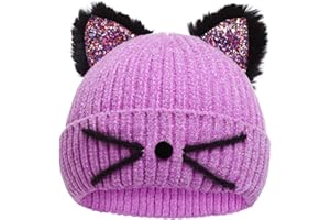 ACTLATI Kids Girls Sequin Cat Ears Hats Winter Knitted Beanie Hat for Outdoor Snow Ski Skull Cap Ages 7-12