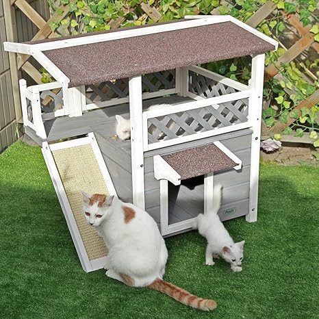 Petsfit Katzenhausfür Freie, Hölzerne Katzen Hütte, Doppel-Decker Design, Rot und Weiß
