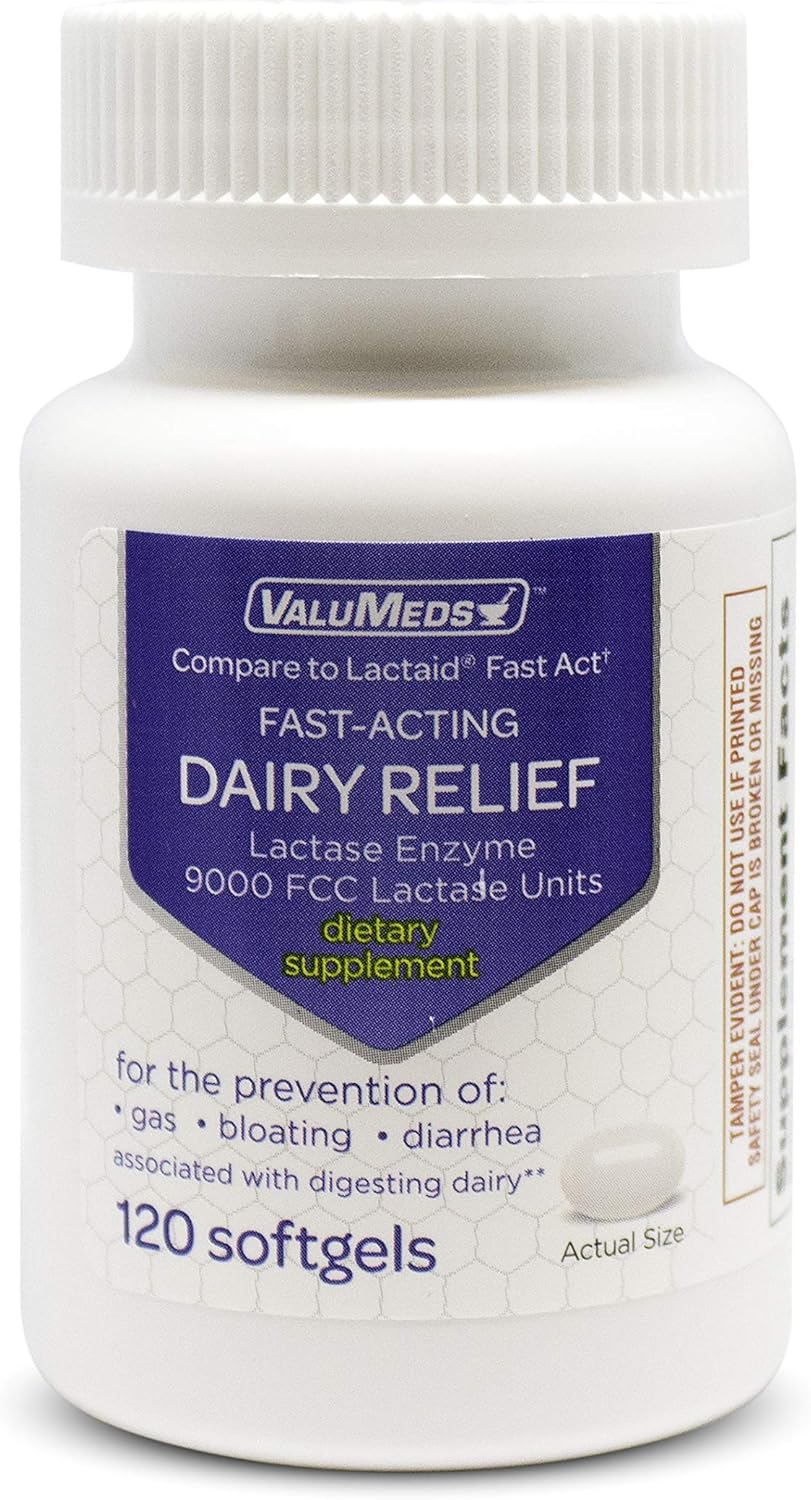 ValuMeds Fast Acting Dairy Relief Lactose Enzymes, 120 Softgels, Help Prevent Gas, Bloating, Diarrhea, Intolerance, or Sensitivity, Comparable to Lactaid: Health & Personal Care