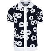 OXKNIT Mens Vintage Polo Shirts Casual Flower Pattern Knit Golf Polo Shirts Short Sleeve Jacquard Design