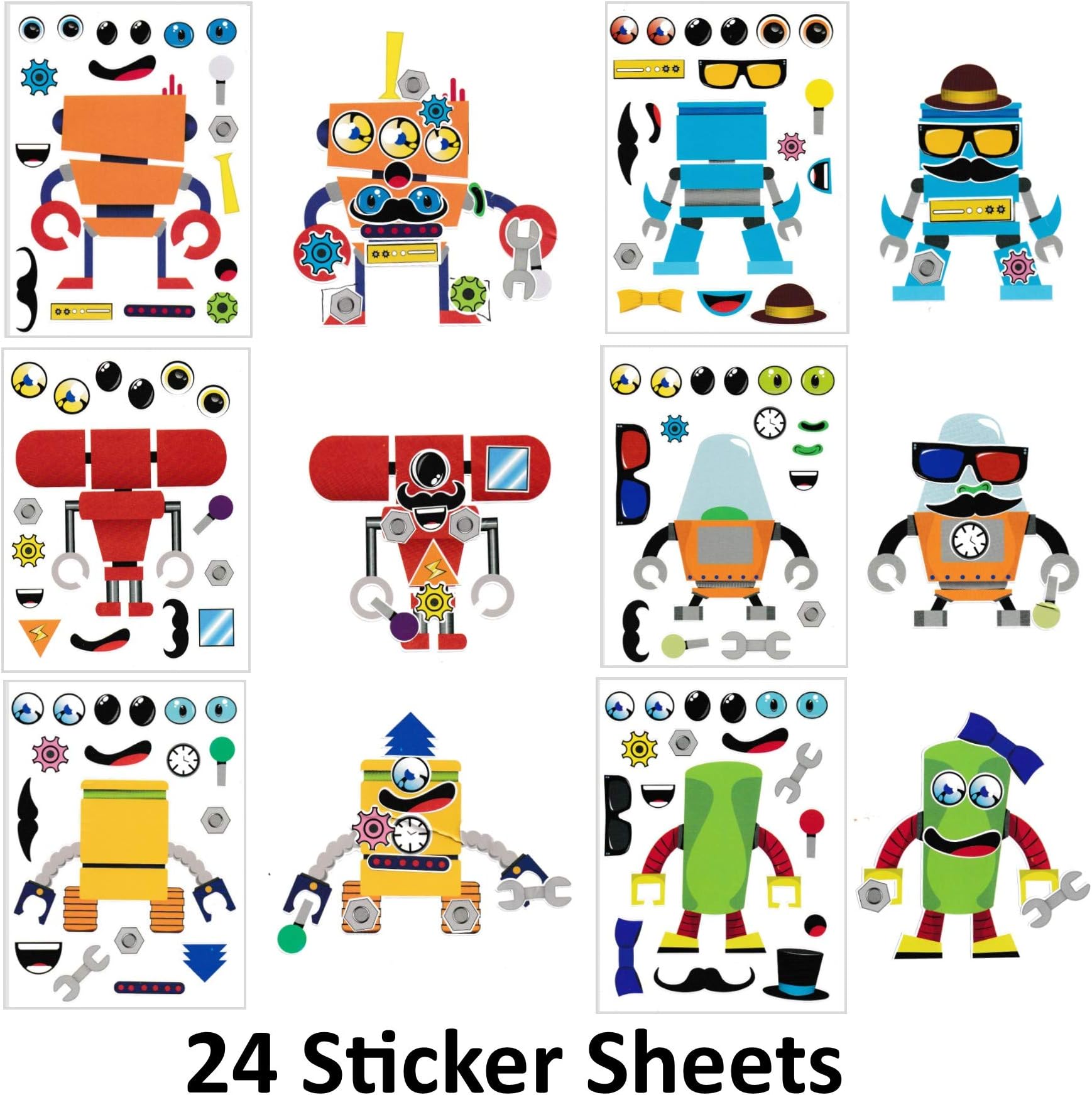 Make A Sticker Sheets (4.5 x 6.5 inches) - Great for Kid's Stocking Stuffers, Easter Basket Stuffers, Party Favors, Kid's Travel Activities (24 Sticker Sheets, Make-A-Robot)