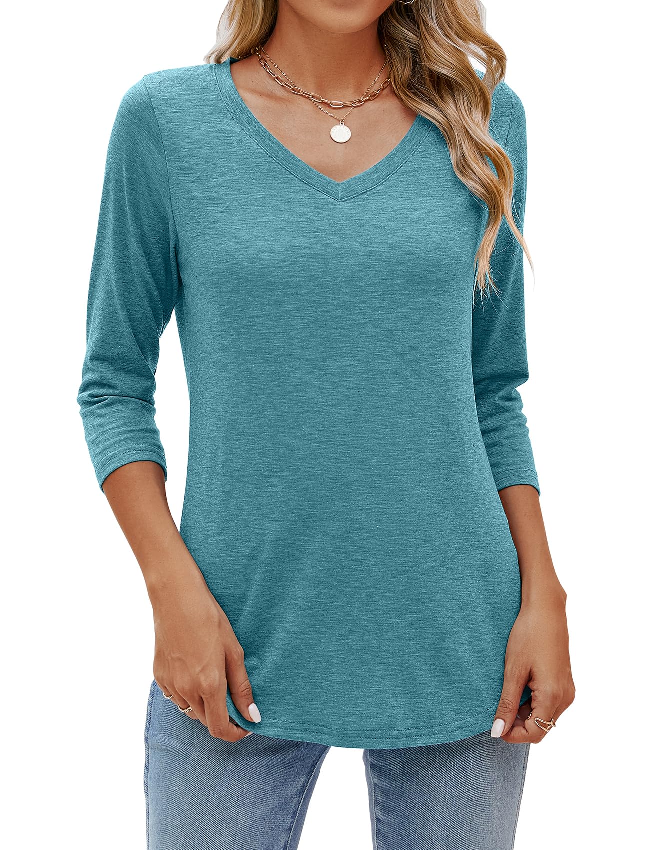 Sherosa Womens Shirts 3/4 Sleeve Casual Solid Color