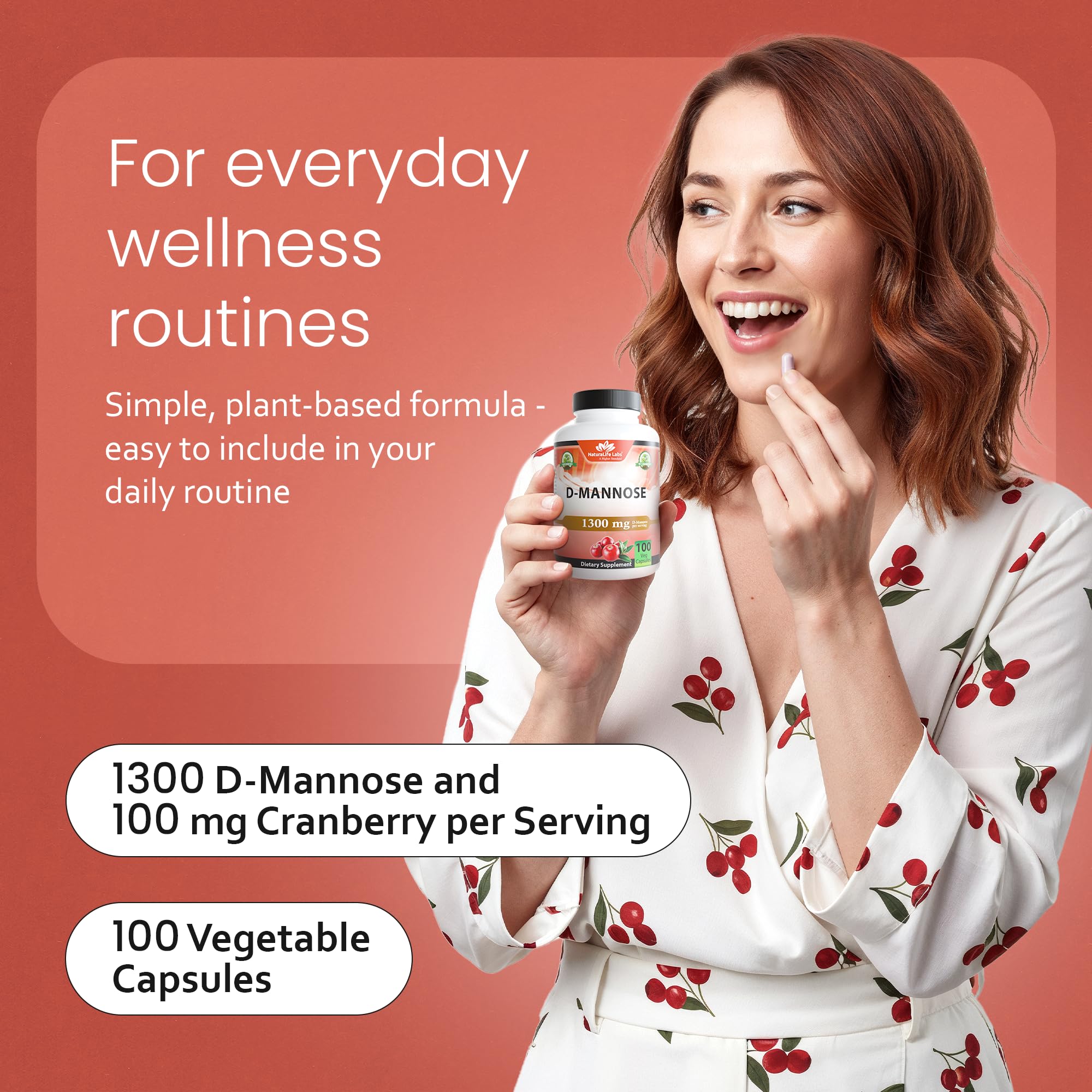 NaturaLife Labs Organic D-Mannose 1300 mg with Organic Cranberry Extract 100 mg per Serving – 100 Capsules – Non-GMO, Gluten-Free, Vegan