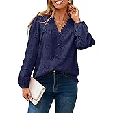 Simplee Womens Dressy Long Sleeve Blouses Casual V Neck Button Floral Lace Embroidered Fall Tops Fashion Shirts