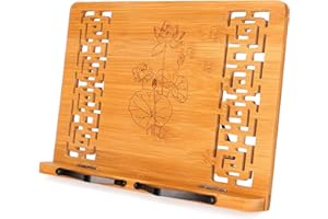 MEGREZ Book Stand for Reading (13.2 x 9.4 inch) Bamboo Cookbook Stand Holder for Kitchen, Adjustable Book Holder Stand for Tablet/Textbook Holder/Hollow Bookrest Stand, Lotus Flower & Lotus Leaf