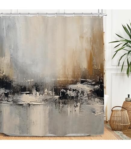 TIYAANDSY Abstract Oil Painting Shower Curtain - Brown Black Grey White Waterproof Bathroom Decor, 72x72 Inches