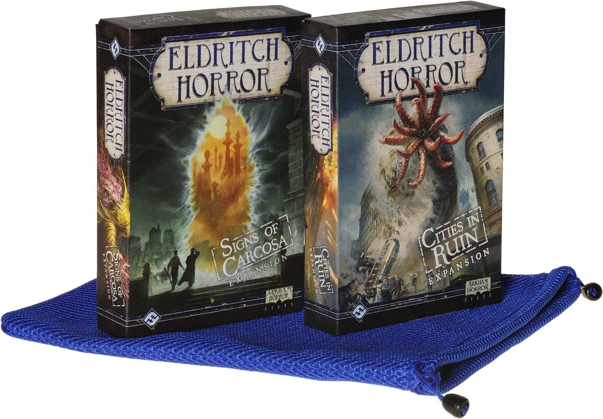 Signs of Carcosa and Cities in Ruin Expansions for Eldritch Horror Board Game, Blue Nylon Mesh Bag, Bundled Items