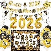 2026 Hello Happy New Year Decorations New Years Eve Party Supplies, Black and Gold Party Decorations for 2026 New Year Photo Booths, Festive Decor, and Creating Memorable Holiday