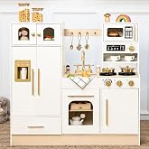 Wooden Play Kitchen Set with Tall Toy Fridge Pretend Play for Kids 3Y+ | Durable Wood Construction, Large Storage and an Elegant White-and-Gold Finish Create Organized Pretend Play