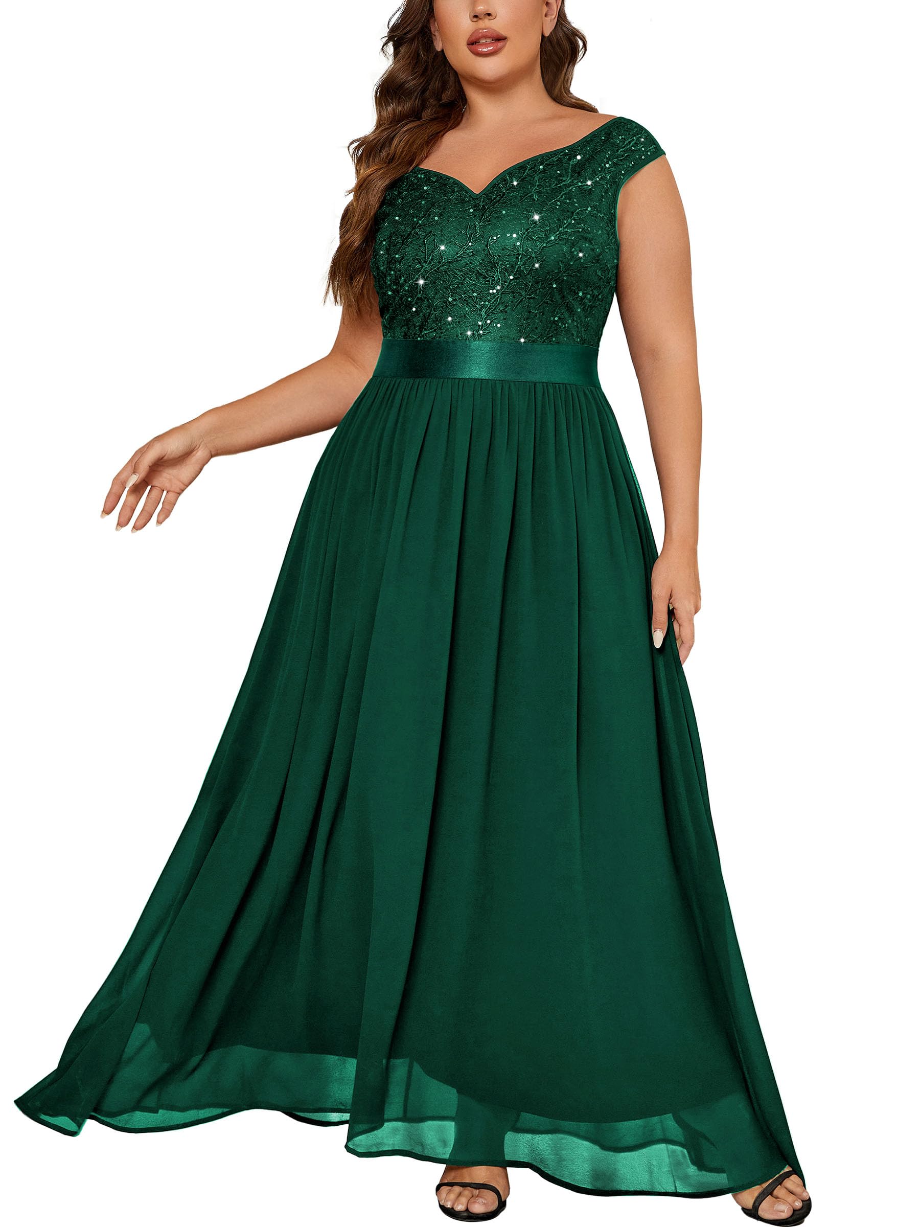 Photo 1 of Miusol Women's Plus Size Elegant Lace Contrast Sequin V-Neck Floral Formal Evening Party Maxi Dress Dark Green