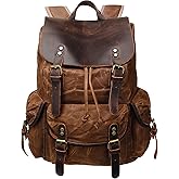 HuaChen Vintage Waxed Canvas Backpack with Genuine Leather Flap, Travel & Work Rucksack, Water-Resistant Daypack with Anti-Theft Pocket, Large (15.6"), M80 Brown