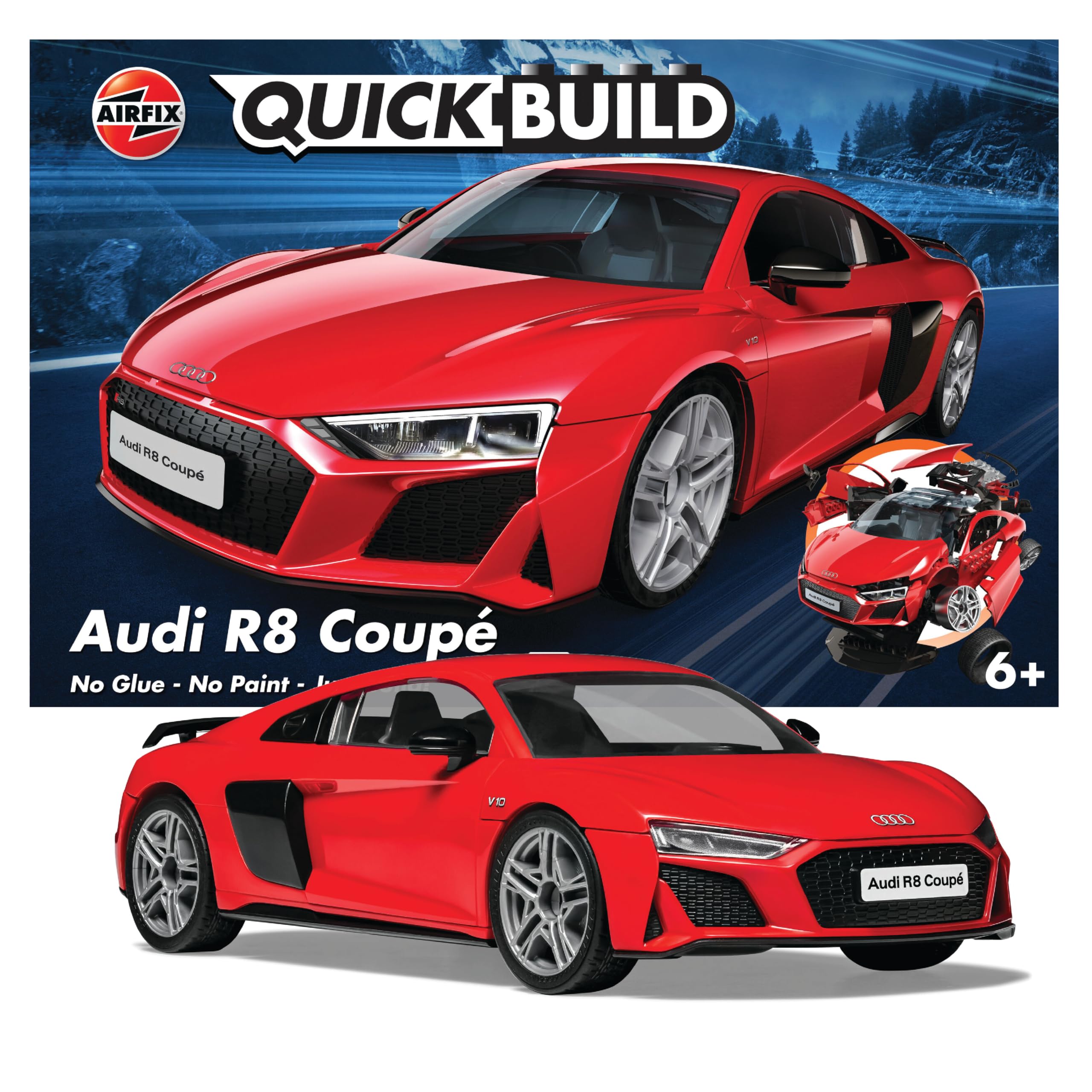 Airfix QUICKBUILD Model Car Kit - Audi R8 Coupe Red Car Building Kit for Kids 6+, Construction Toys for Boys & Girls, No Glue Model Making - Classic Car Gifts Plastic Model Kits
