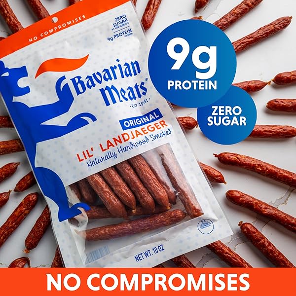 BAVARIAN MEATS LIL’ LANDJAEGER MEAT STICKS, SMOKED SAUSAGE PROTEIN SNACKS, ZERO SUGAR, GREAT SOURCE OF PROTEIN, GLUTEN FREE, KETO FRIENDLY LOW CARB SNACK, 10 OUNCE