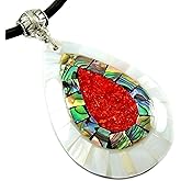Paua Abalone Shell Necklace with Red Coral and Mother of Pearl Pendant on 16 to 27 inch Adjustable Cord Jewelry CA423