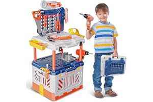 BELLOCHIDDO Kids Tool Bench - 90 Pcs Realistic Toy Workbench with Accessories, 4 in 1 Transformable Workbench with Electric Drill - Pretend Play Kids Tool Set for Boys & Girls