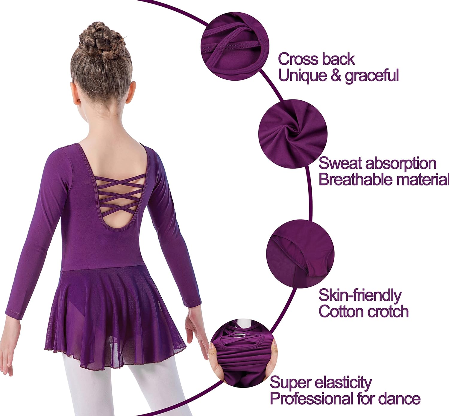 Girls Long Sleeve Dance Ballet Leotard Dress with Graceful Cross Back & Attached Skirt: Clothing