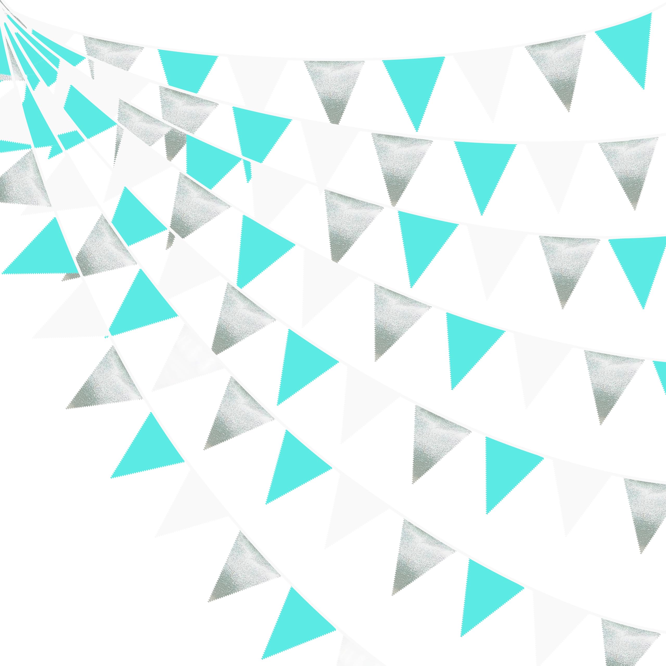 Photo 1 of 32Ft Teal Blue Silver Party Decorations Silver Aqua Green Fabric Pennant Triangle Banner Flag Streamer Garland for Under The Sea Birthday Ocean Baby Shower Summer Gender Reveal Party Decor Supplies