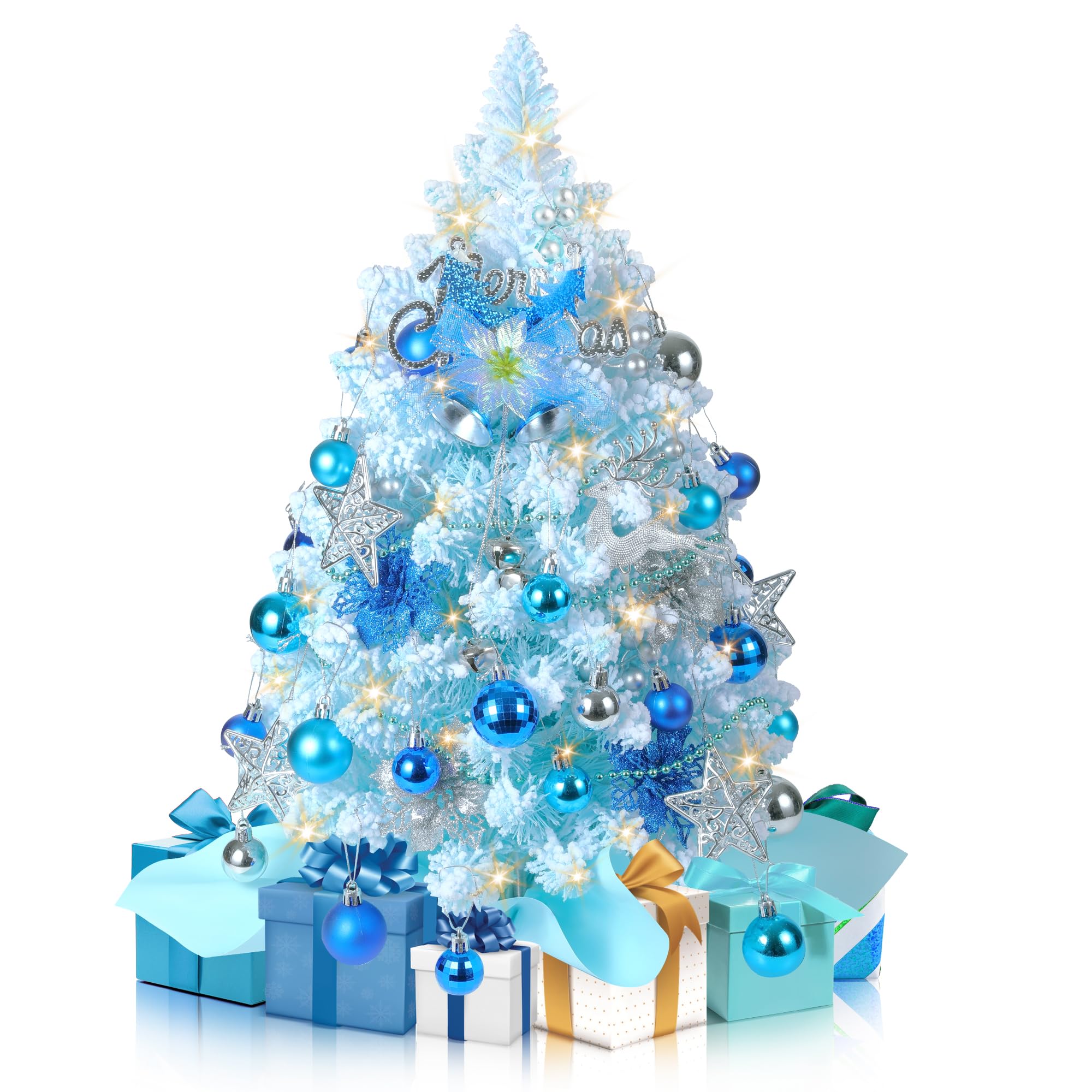 Photo 1 of 2FT Mini Flocked Blue Christmas Tree, Small Christmas Tree with Lights, Prelit Tabletop Christmas Tree with 100 Branch Tips and 40+ DIY Ornaments, Christmas Decorations Indoor and Gifts for Men Women